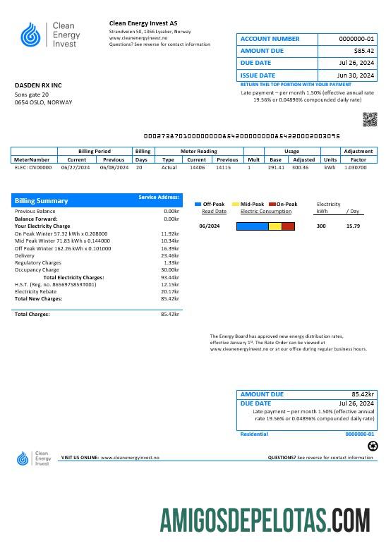 para download Noruega Clean Energy Invest AS modelo de conta de serviços públicos em formatos Word e PDF, bom para comprovação de endereço